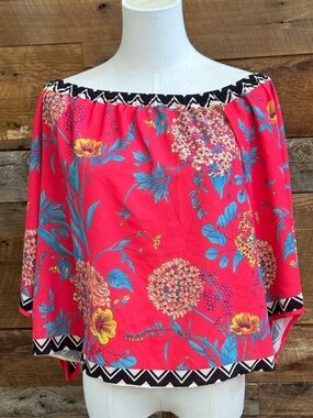 Flying Tomato Coral Pink Floral Chevron Trim Off the Shoulder Blouse Top Medium